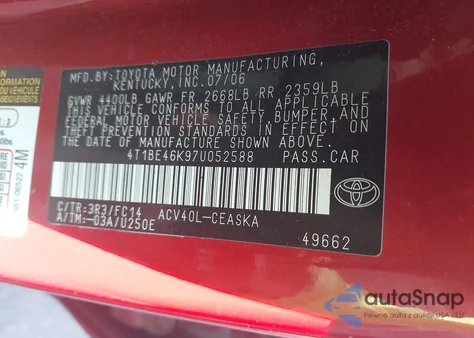 2007 Toyota Camry Se from USA, damaged, VIN 4T1BE46K97U052588